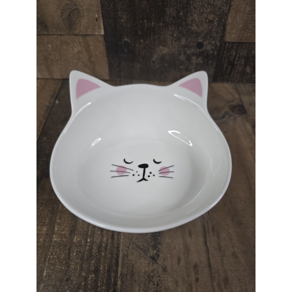 White Ceramic Cat Face Pet Bowl Pink Ears Whisker Friendly Trinket Dish Kawaii
